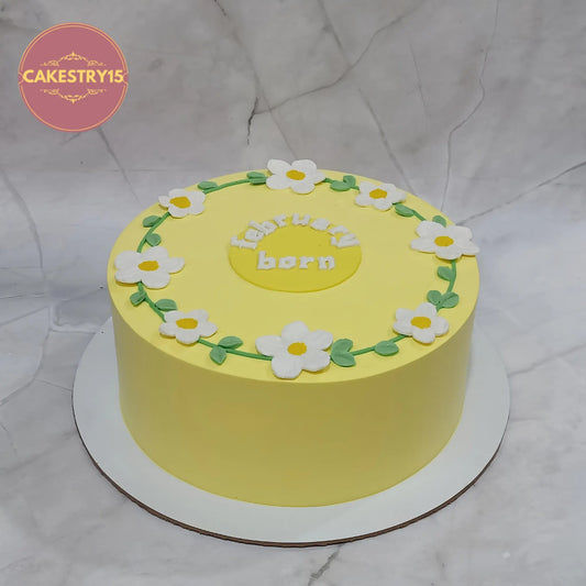 Classic pineapple kids birthday cake with yellow icing and fondant flowers, premium theme cake Noida from eggless cakes bakery