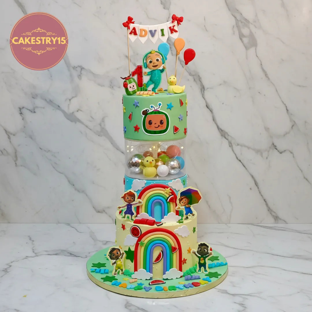 Cocomelon kids birthday cake with edible character images and rainbows, a theme cake Noida design from our eggless cakes range.