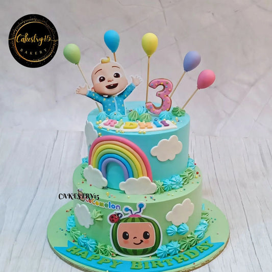 Eggless Cocomelon balloon kids birthday cake for 3rd birthday with fondant stars and clouds in Noida
