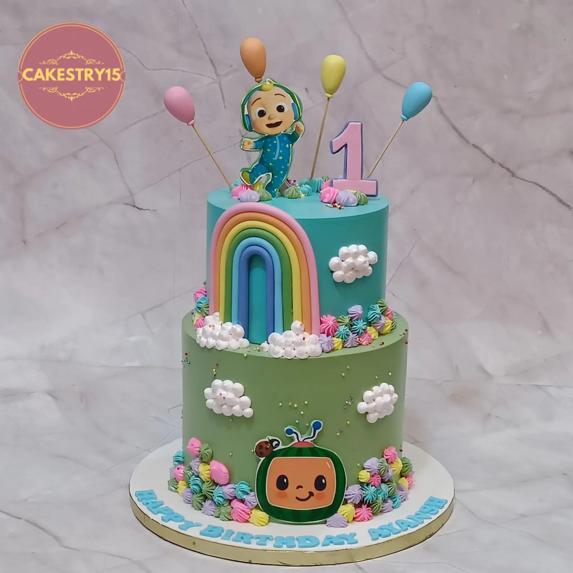 Cocomelon theme first birthday cake for kids, 2kg pineapple flavour eggless cake by Cakestry15 Noida