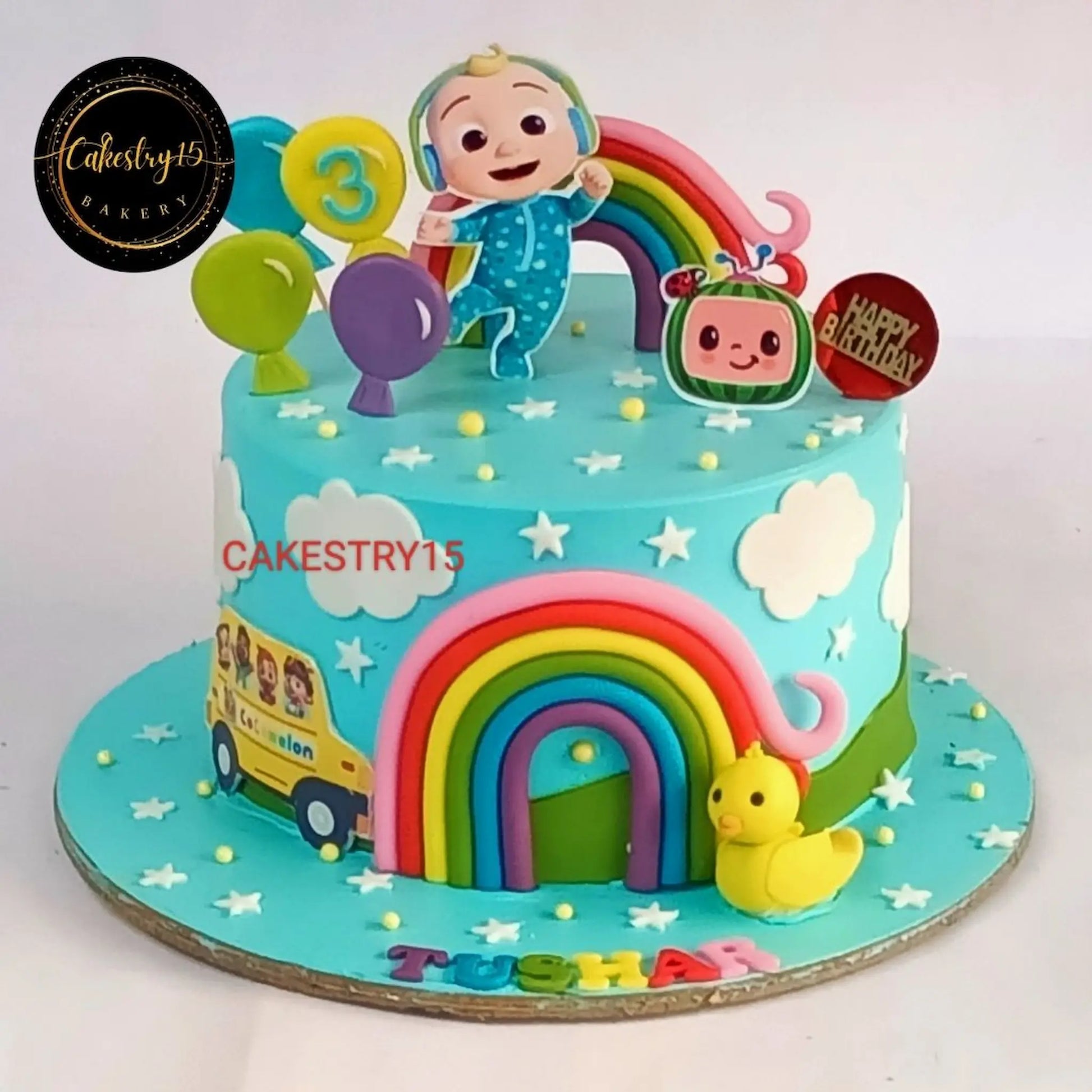Cocomelon fun eggless blueberry kids birthday cake with rainbows, balloons, and edible image in Noida