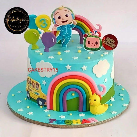 Cocomelon fun eggless blueberry kids birthday cake with rainbows, balloons, and edible image in Noida