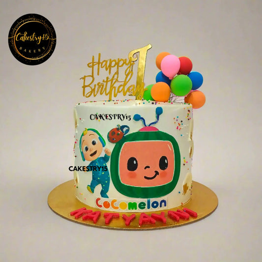 Cocomelon first birthday cake with JJ and balloons, eggless vanilla kids birthday cake in Noida for custom celebrations