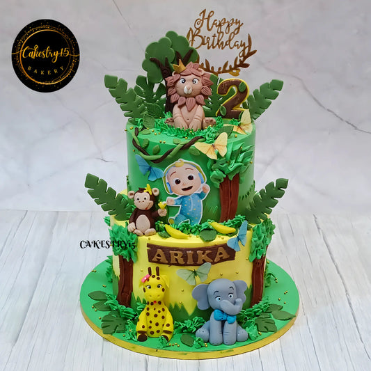 Eggless Cocomelon jungle kids birthday cake with animal theme design for 2nd birthday celebrations and theme cake Noida delivery.