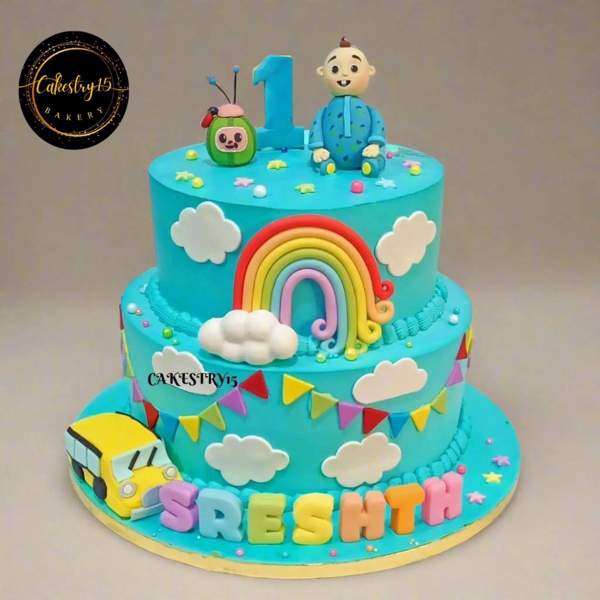 Cocomelon rainbow fondant 5kg first birthday cake in chocolate flavour, eggless custom kids birthday cake in Noida by Cakestry15