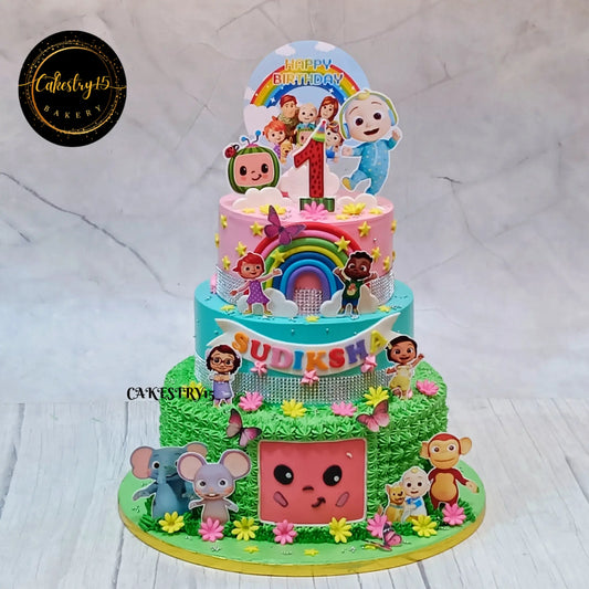 Eggless Cocomelon sky theme 3 tier first birthday cake with clouds stars and fondant elements in Noida