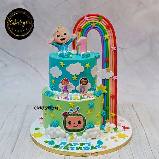 Cocomelon starry first birthday cake 3kg pineapple eggless custom kids birthday cake in Noida with clouds and stars theme