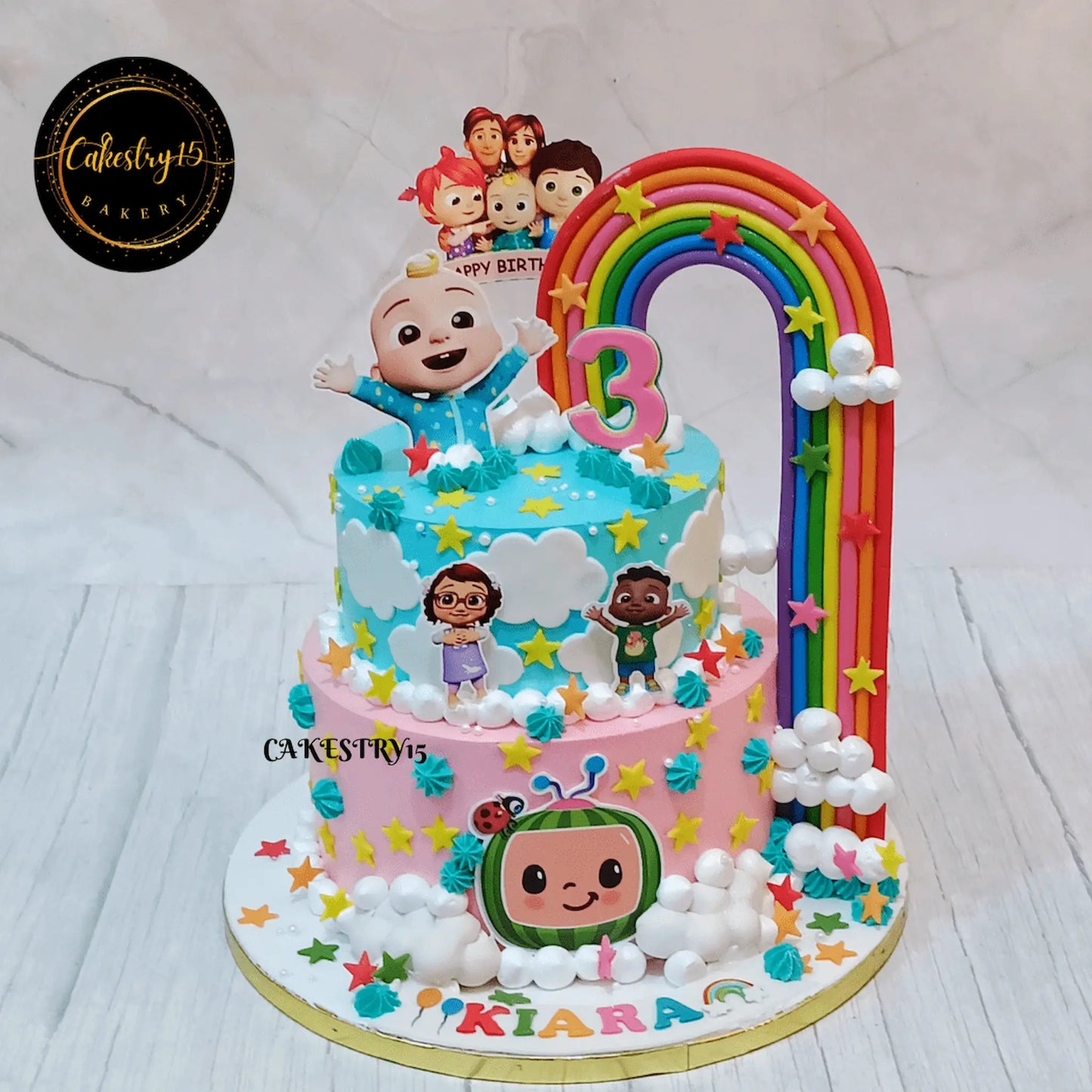 Eggless Cocomelon starry kids birthday cake for 3rd birthday with pineapple flavour custom theme cake in Noida