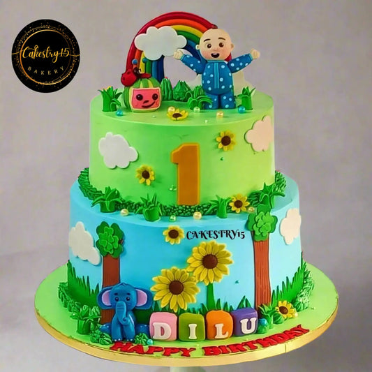 Eggless Cocomelon sunflower rainbow first birthday cake for kids in Noida with blueberry flavour and fondant characters