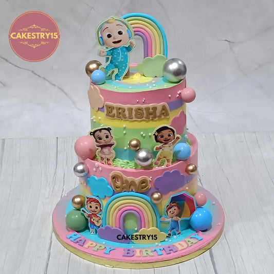 Cocomelon theme eggless first birthday cake with rainbow icing and edible characters, custom kids cake in Noida by Cakestry15