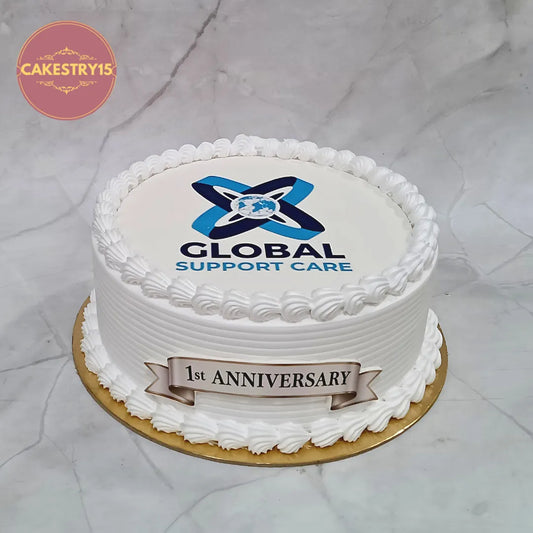 Premium eggless corporate anniversary photo cake with edible print and cream piping, customised for office celebrations, employee recognition and corporate events in Noida.
