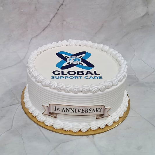 Premium eggless corporate anniversary photo cake with edible print and cream piping, customised for office celebrations, employee recognition and corporate events in Noida.