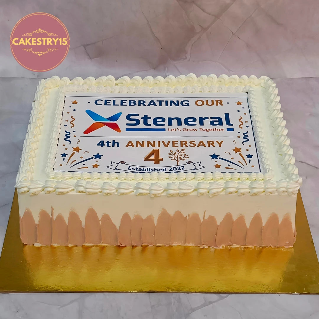 Premium eggless corporate anniversary photo cake with edible company logo print, rectangular pineapple cake for office celebrations, promotions, retirements and business events in Noida.