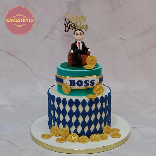 Eggless corporate boss theme truffle cake with white chocolate ganache, fondant figurine, dollar coins and premium two-tier design by Cakestry15 in Noida