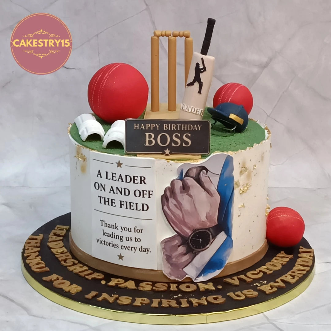 Corporate cricket theme cake Noida featuring custom boss design, perfect birthday cake celebration with premium eggless cakes.