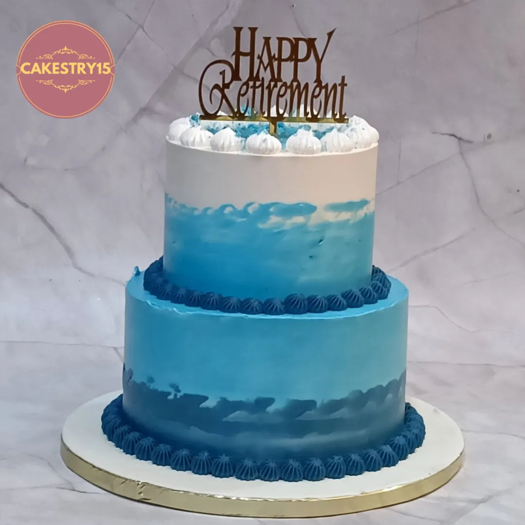 Eggless corporate retirement cake style theme cake Noida with blue ivory icing and chocolate truffle finish from Cakestry15.