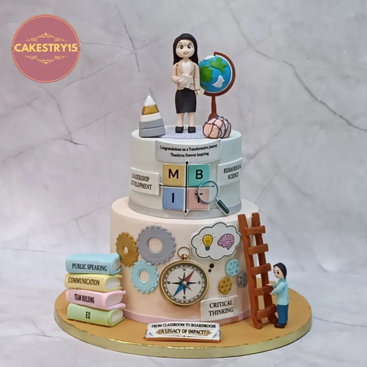 Eggless corporate theme cake Noida featuring promotion ladder design for women with motivational elements and premium chocolate finish.