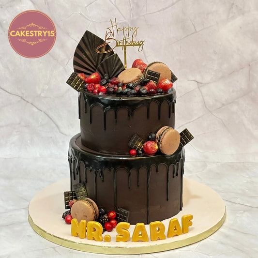 5kg eggless corporate truffle birthday cake with exotic fruits, chocolate drip and macarons by Cakestry15 in Noida by cakestry15
