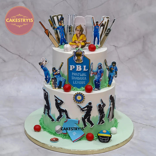 Cricket theme first birthday cake in butterscotch flavour with edible prints, eggless custom kids cake by Cakestry15 Noida