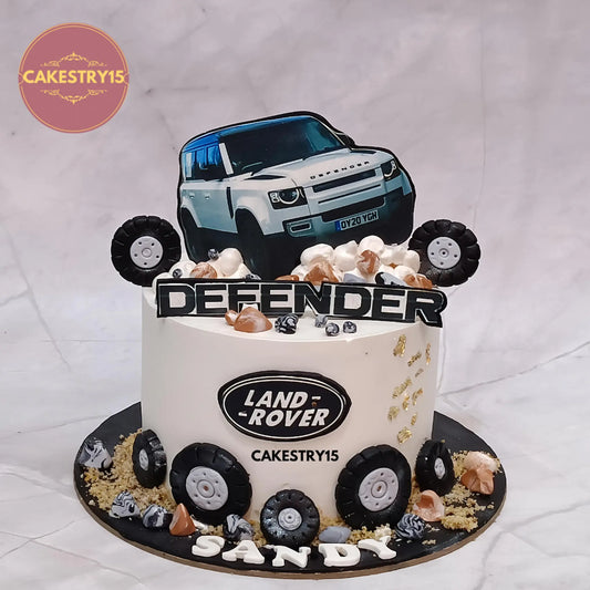 Eggless defender car theme kids birthday cake in butterscotch flavour by Cakestry15 Noida