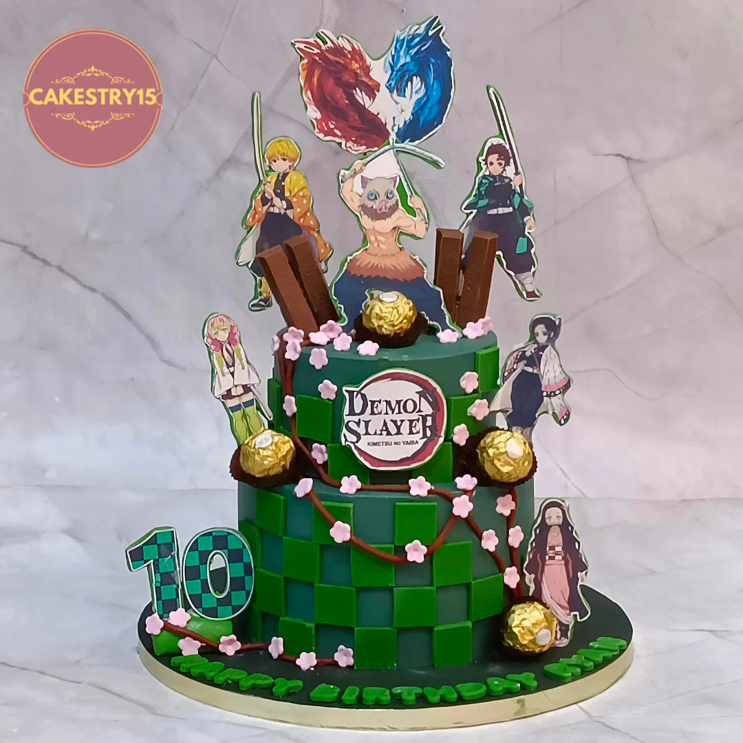 Demon Slayer kids birthday cake with an anime theme cake Noida design and premium eggless cakes finish.