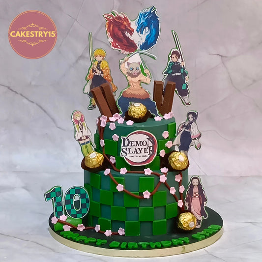 Demon Slayer kids birthday cake with an anime theme cake Noida design and premium eggless cakes finish.