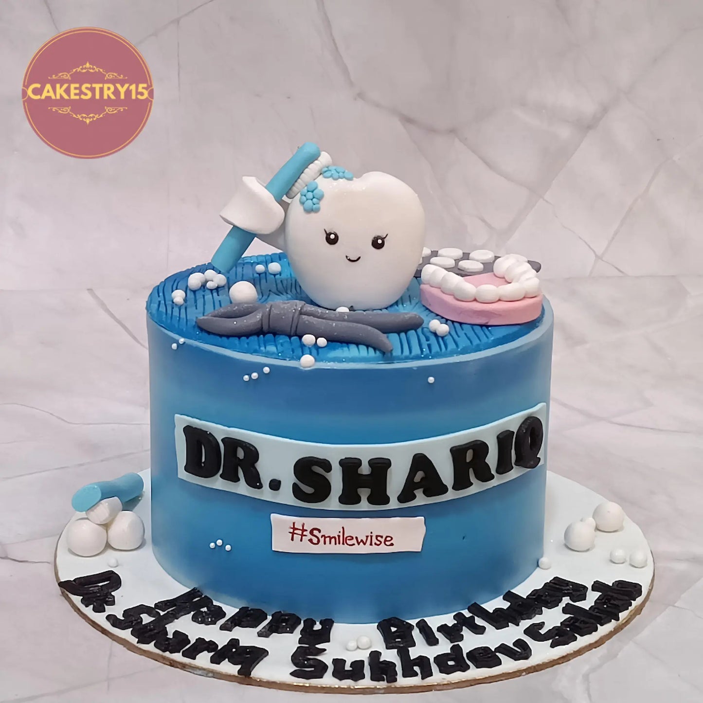 Eggless dentist theme pineapple cake for 40th birthday with fondant dental tools by Cakestry15 in Noida