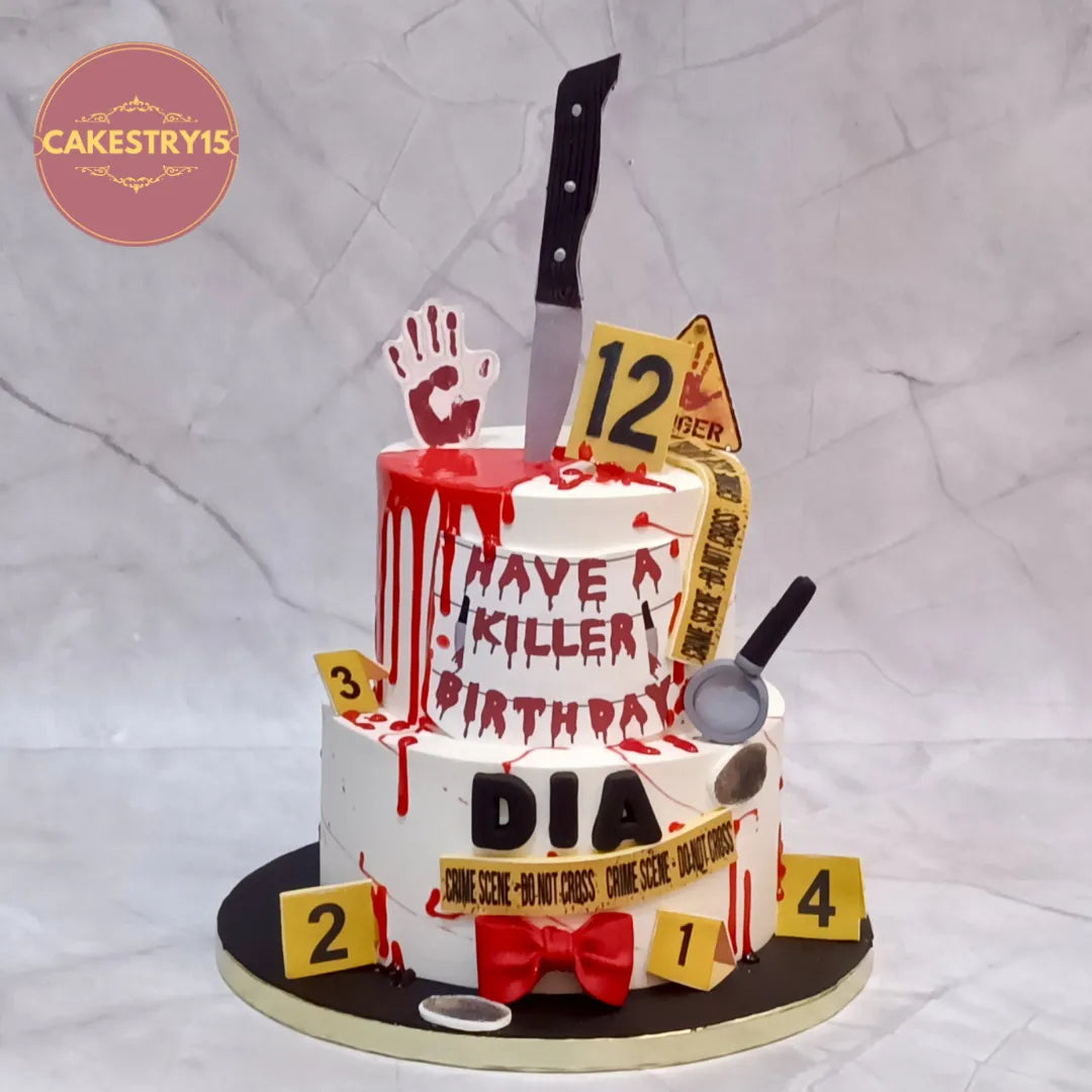 Dexter crime scene themed kids birthday cake with forensic details and blood drip design, premium eggless cakes and theme cake Noida.