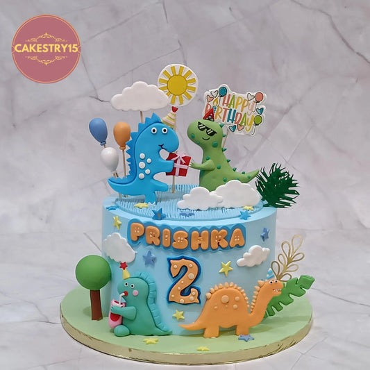Eggless dino theme birthday cake for kids, 2kg chocolate flavour, custom dinosaur cake in Noida by Cakestry15