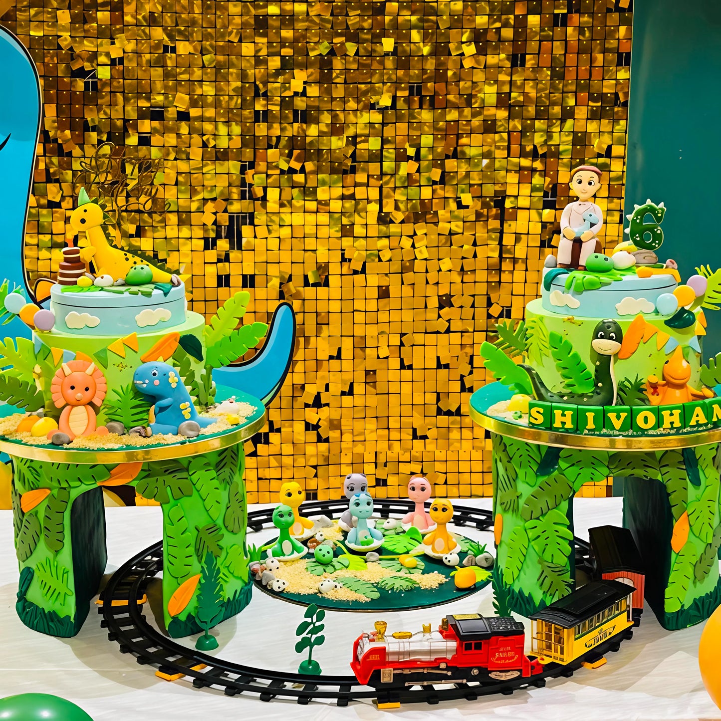Dino theme birthday cake displayed at the celebration venue for a boy’s 6th birthday in Noida.