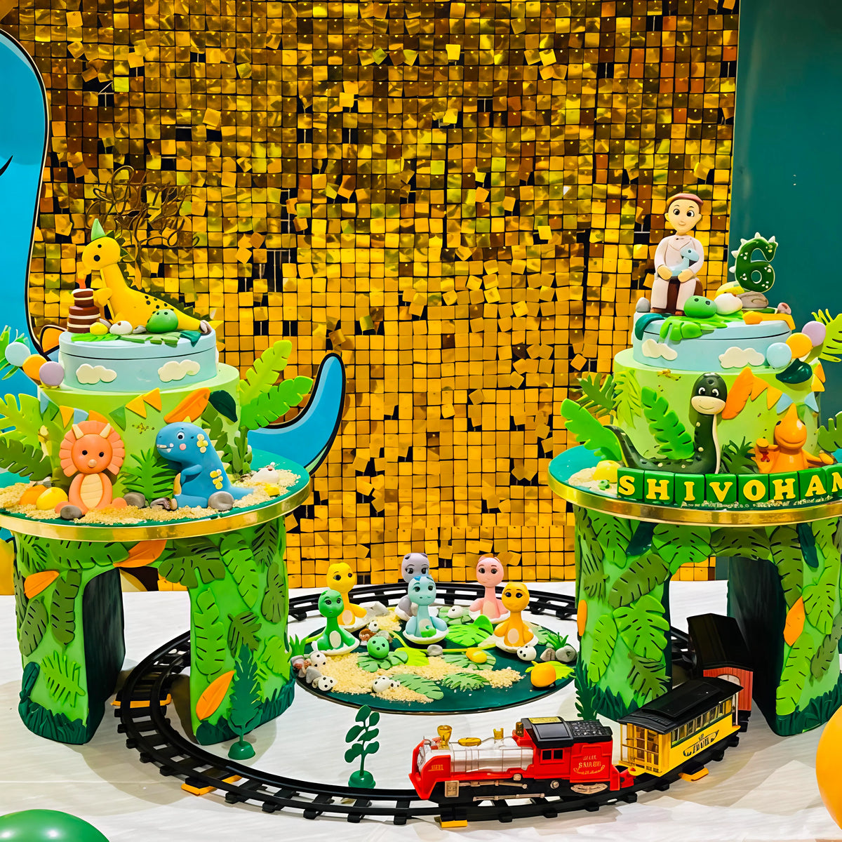 Dino theme birthday cake displayed at the celebration venue for a boy’s 6th birthday in Noida.