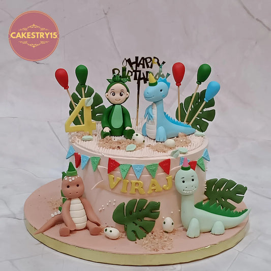 Dino theme kids birthday cake in Noida, eggless pineapple kids birthday cake with dinosaur design by cakestry15
