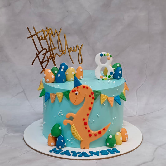 Premium eggless dinosaur kids birthday cake with 2D dinosaur, eggs and birthday topper, handcrafted as a custom theme cake in Noida.