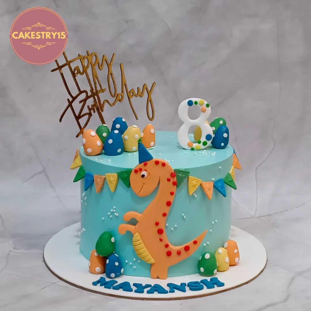 Premium eggless dinosaur kids birthday cake with 2D dinosaur, eggs and birthday topper, handcrafted as a custom theme cake in Noida.