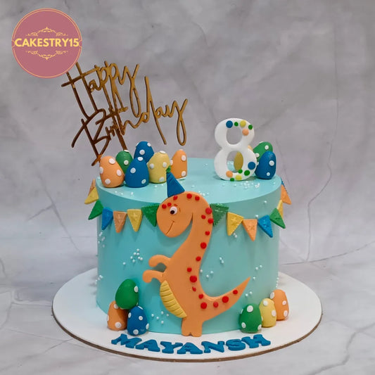 Premium eggless dinosaur kids birthday cake with 2D dinosaur, eggs and birthday topper, handcrafted as a custom theme cake in Noida.