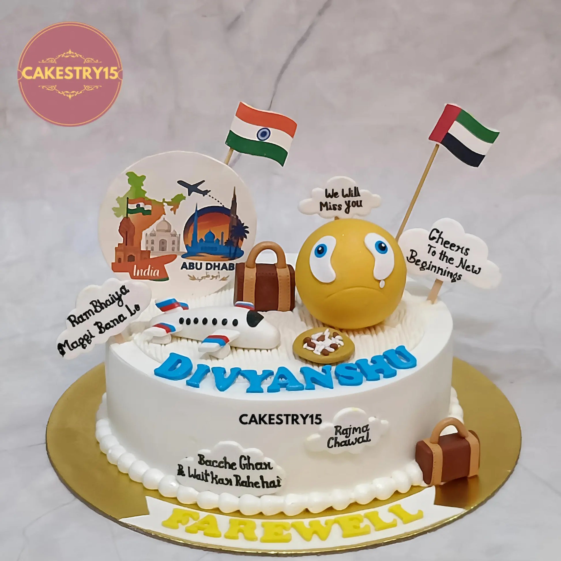 1kg pineapple farewell cake with fondant crying emoji, airplane, luggage, edible travel logo, flags, and farewell placards from Cakestry15 in Noida