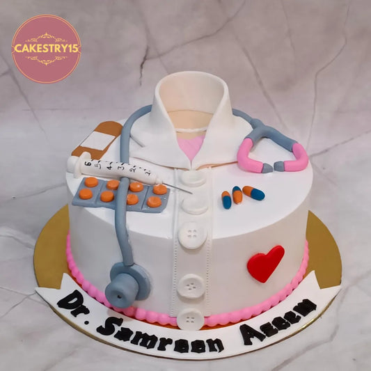 Doctor Lab Coat kids birthday cake handcrafted as a premium theme cake Noida using fresh eggless cakes with realistic medical decorations.