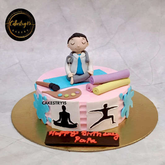 1kg choco chip birthday cake with doctor figurine and yoga theme from Cakestry15
