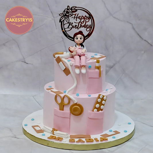 Eggless doctor theme kids birthday cake Noida with medical fondant elements and custom figurine design.