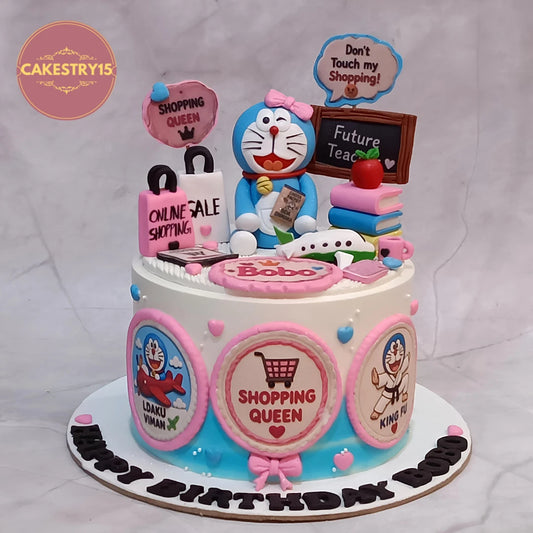 Doraemon kids birthday cake with travel and shopping theme details, a premium theme cake Noida design from our range of eggless cakes.