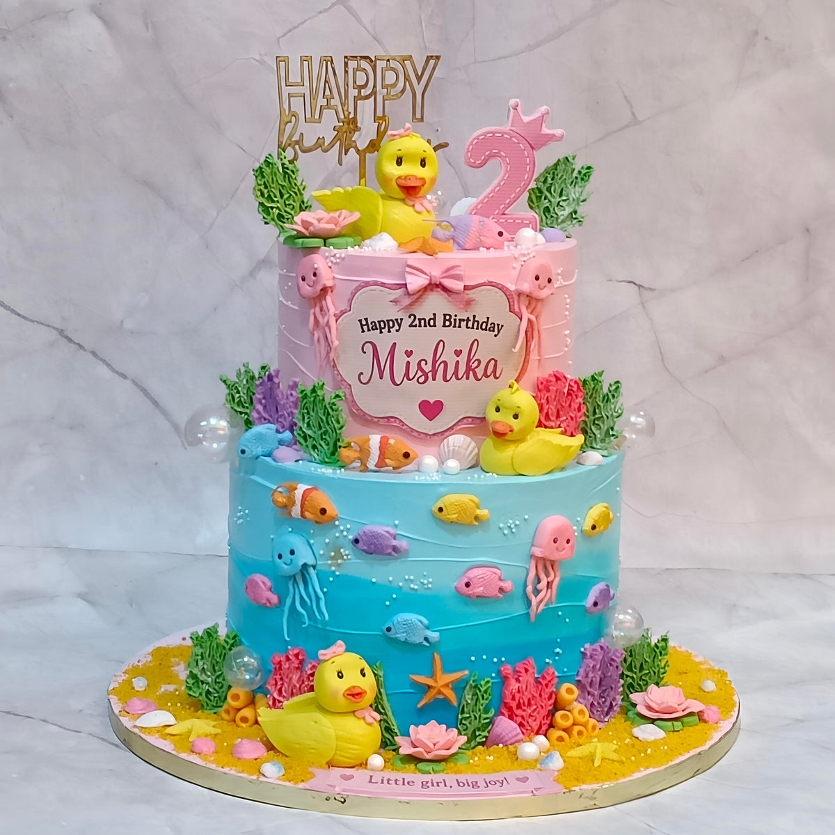 Duck underwater theme kids birthday cake with colourful fish and coral in choco vanilla vlavour 3kg 2tiered design.