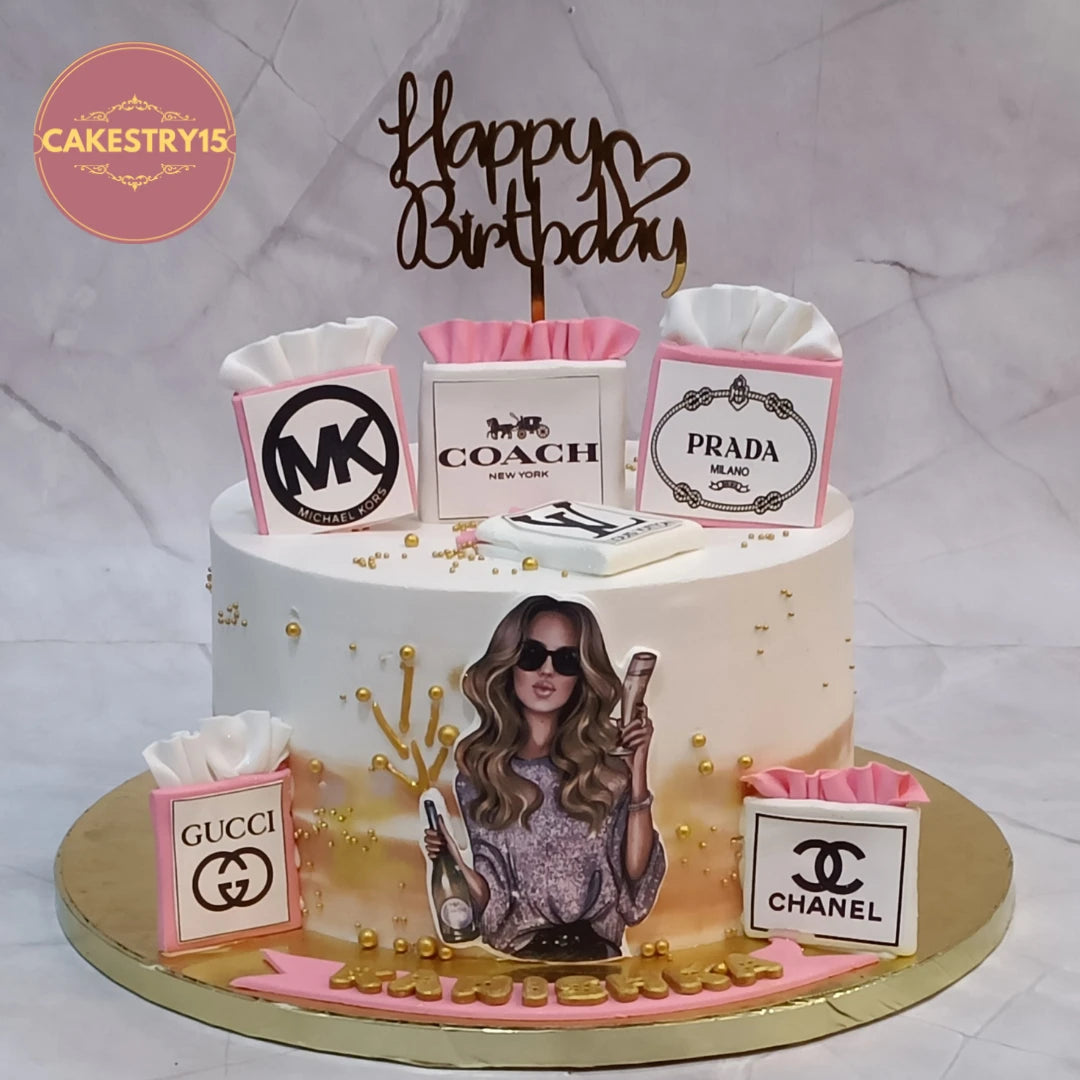 Premium eggless cakes featuring a stylish shopaholic design, ideal for kids birthday celebrations and custom theme cake orders in Noida.
