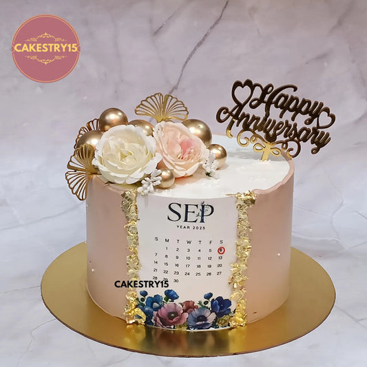 2kg eggless choco chips anniversary cake with September calendar, faux roses, and ferns by Cakestry15