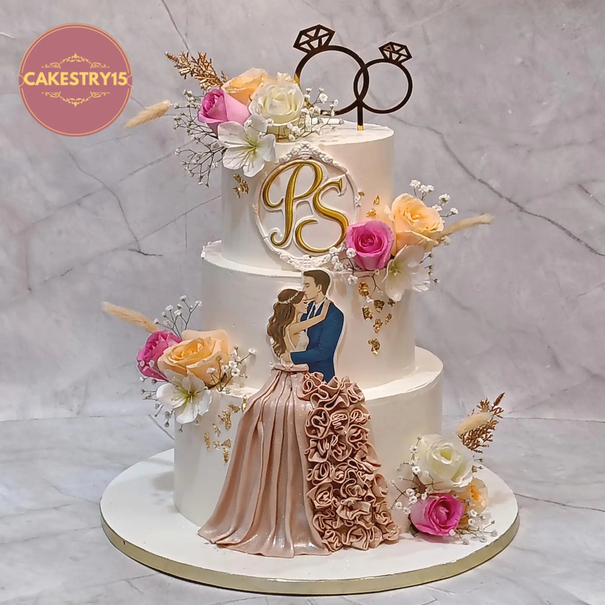 Engagement theme 3 tier cake eggless chocolate cake in Noida with floral design and couple picture