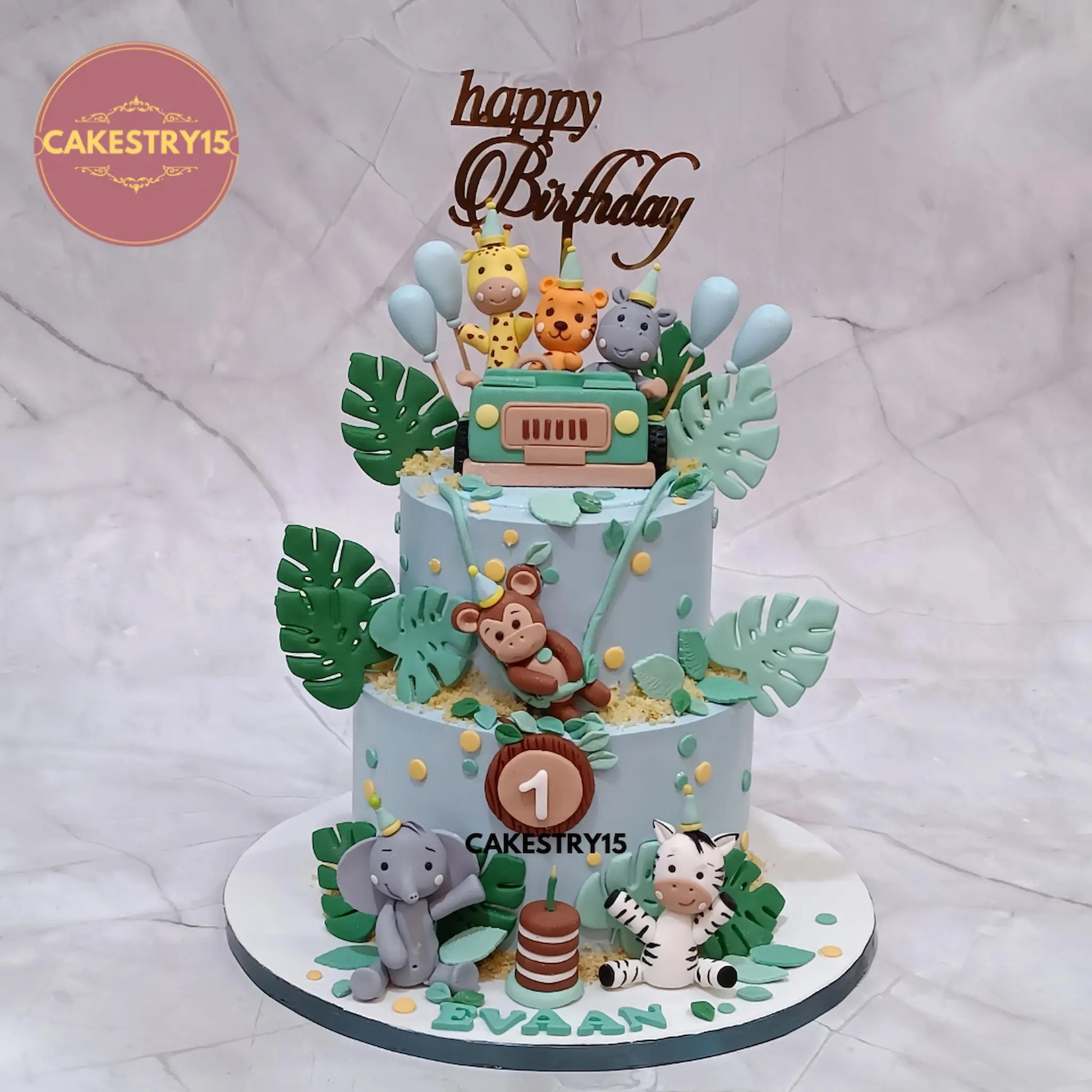 3kg eggless choco butterscotch jungle safari theme cake with fondant animals from Cakestry15