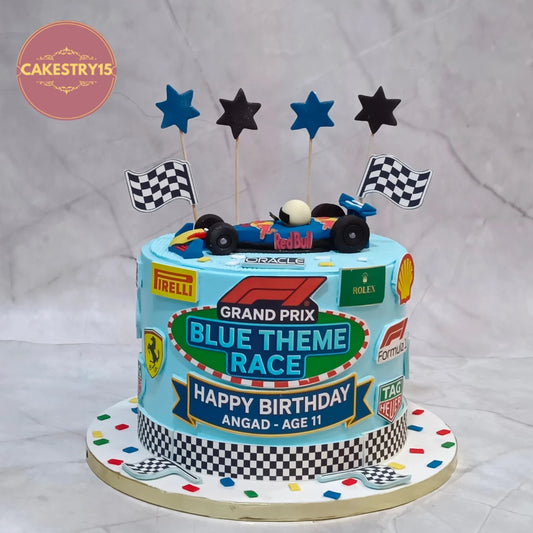 Premium kids birthday cake featuring an F1 race car with Formula 1 racing details, handcrafted as a theme cake Noida using fresh eggless cakes.