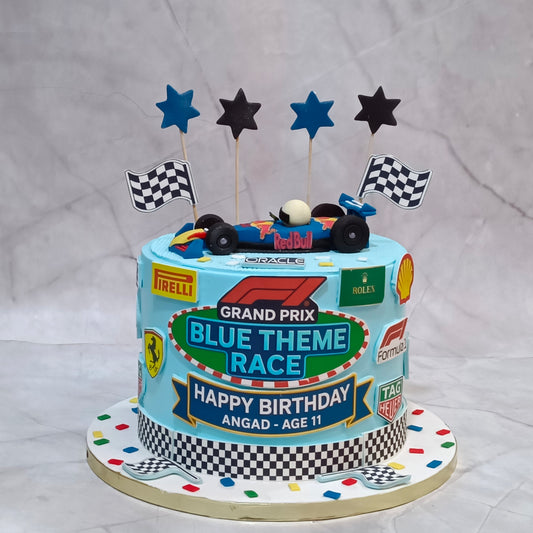 Premium kids birthday cake featuring an F1 race car with Formula 1 racing details, handcrafted as a theme cake Noida using fresh eggless cakes.