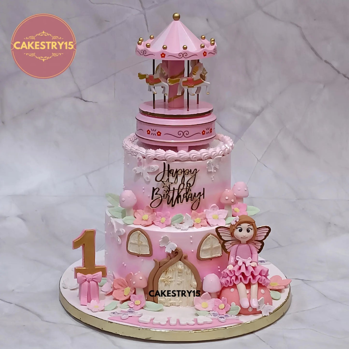 Eggless fairy princess carousel first birthday cake with two-tier chocolate design and castle theme in Noida