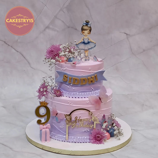 Fairy princess theme eggless kids birthday cake with floral design and edible image topper in lavender and pink shades by cakestry15