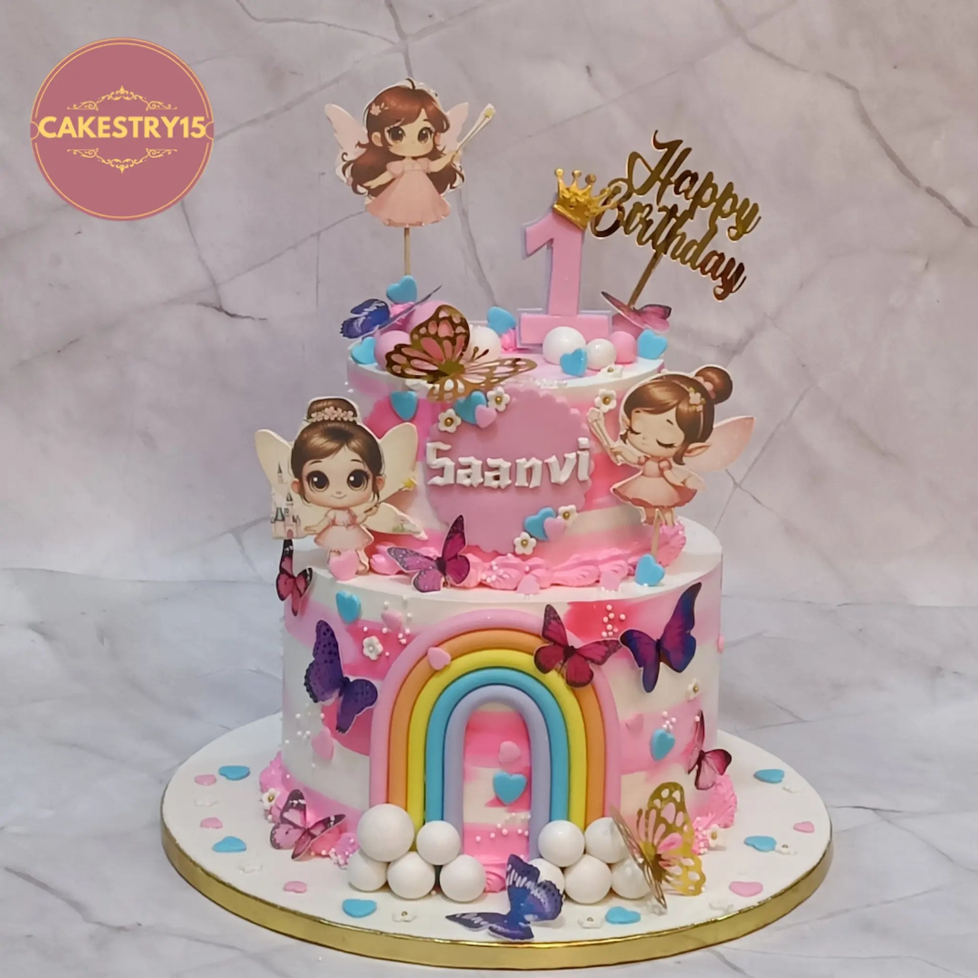 Fairy theme kids birthday cake in Noida with rainbow and butterflies, premium eggless cakes design